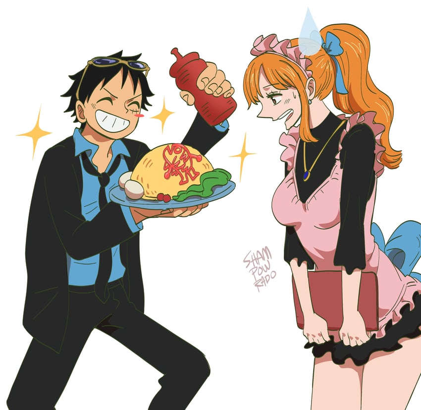 nami and monkey d. luffy (one piece) drawn by shampowrado