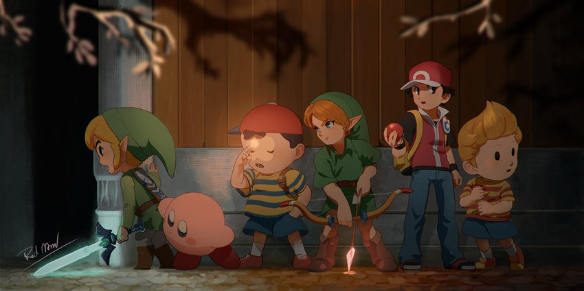link, kirby, red, toon link, ness, and 2 more (pokemon and 10 more) drawn by assemblerones