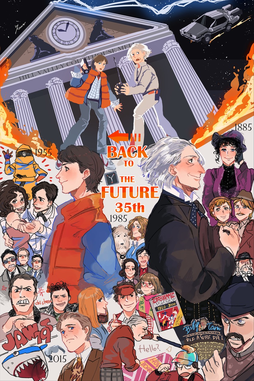marty mcfly, emmett brown, einstein, lorraine baines, biff tannen, and 4 more (back to the future and 3 more) drawn by mikann0206