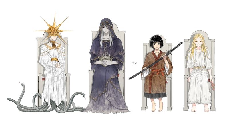 miquella, dark sun gwyndolin, kuro the divine heir, and lothric (elden ring and 5 more) drawn by jdori