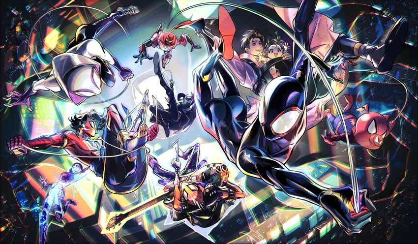 spider-man, spider-gwen, peter parker, sp//dr, spider-man noir, and 1 more (marvel and 3 more) drawn by dqianshu