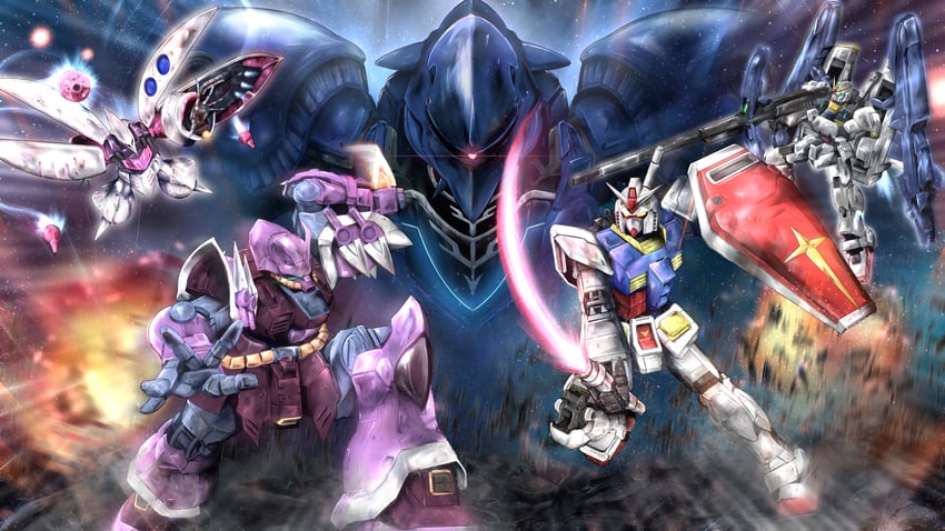 rx-78-2 gundam, gundam mk ii, qubeley, super gundam, shamblo, and 2 more (gundam and 3 more) drawn by kagitsume