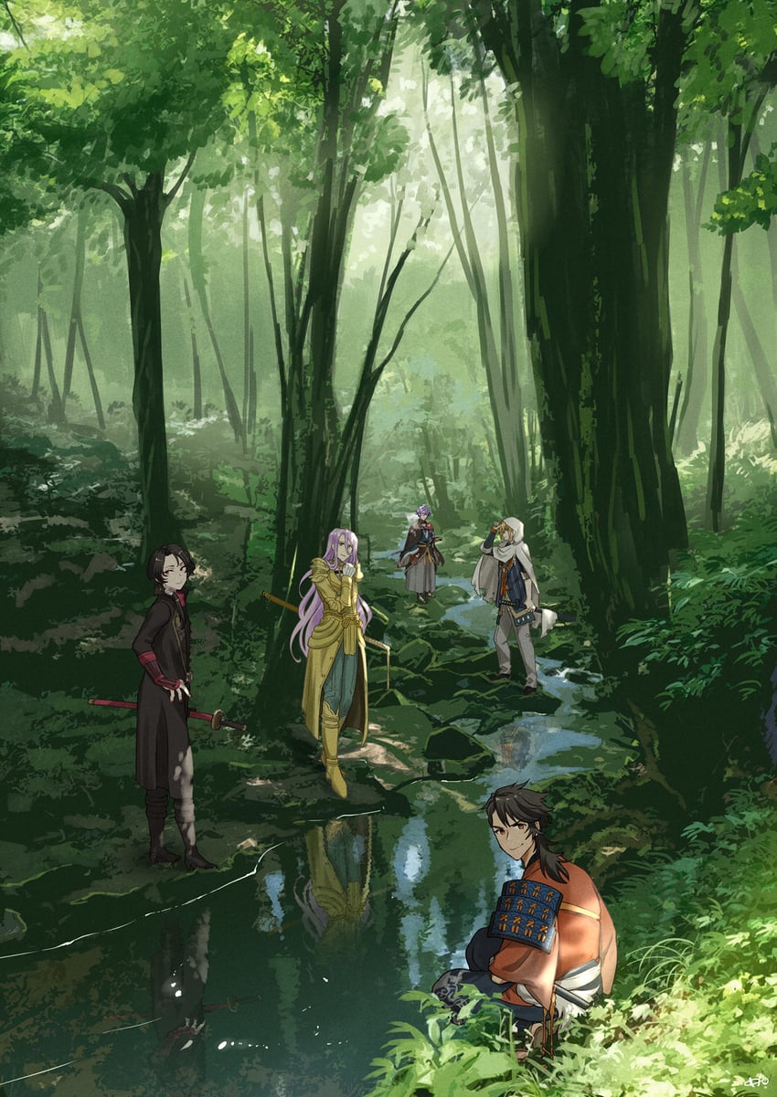kashuu kiyomitsu, yamanbagiri kunihiro, mutsu-no-kami yoshiyuki, kasen kanesada, and hachisuka kotetsu (touken ranbu) drawn by houhou_(black_lack)