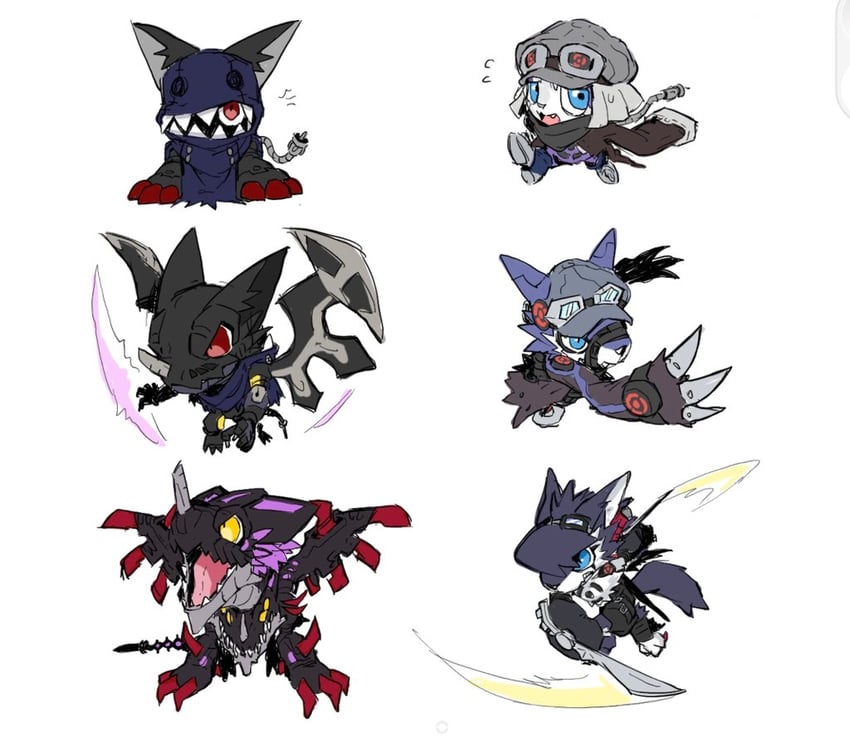 offmon, hackmon, raidramon, shutmon, revivemon, and 1 more (digimon and 1 more) drawn by kinef