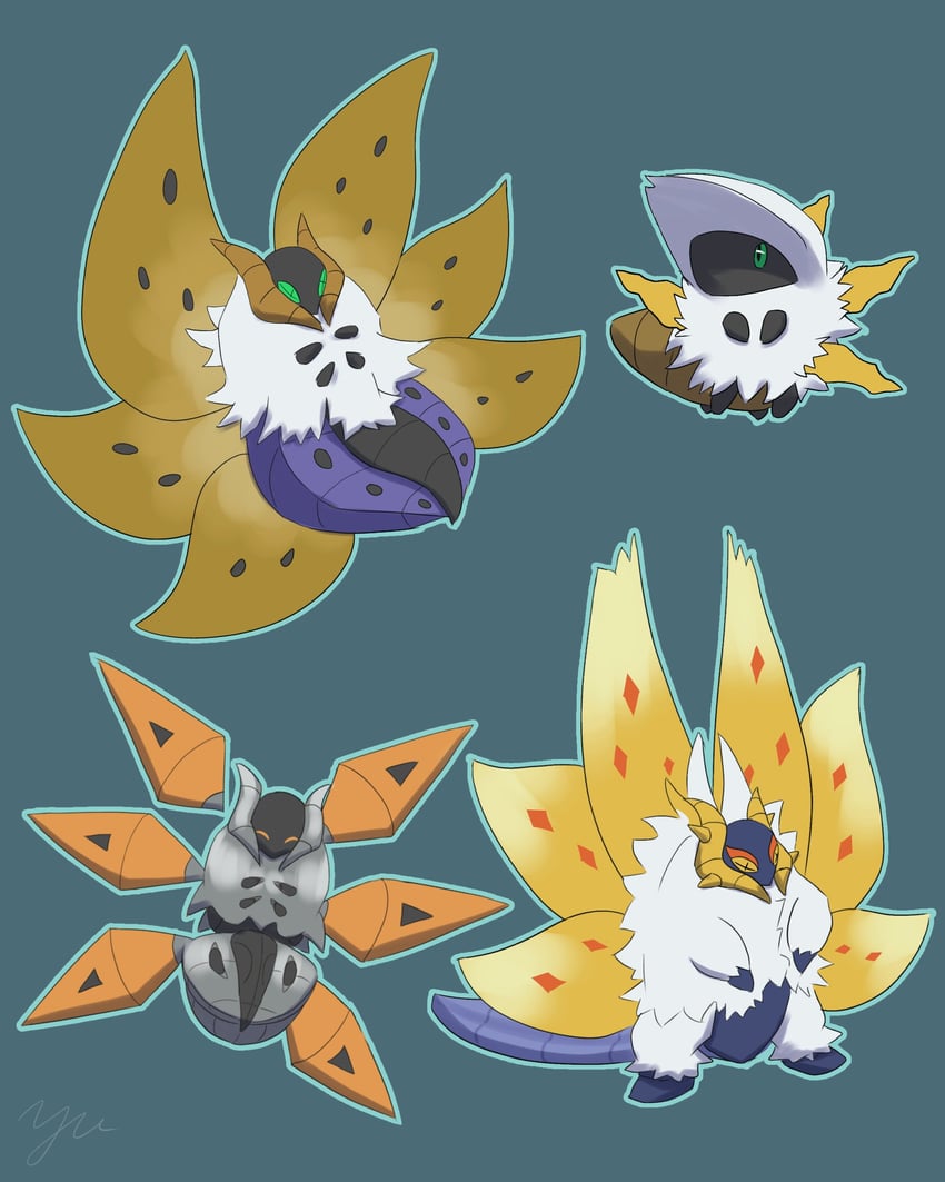 volcarona, larvesta, slither wing, and iron moth (pokemon) drawn by yu_(pocketsun636)