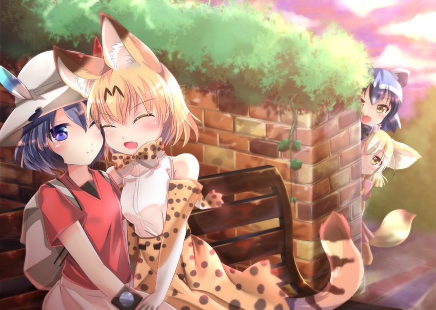 serval, kaban, common raccoon, fennec, and lucky beast (kemono friends) drawn by higashimura