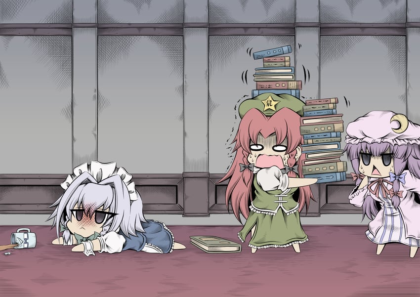 izayoi sakuya, patchouli knowledge, hong meiling, and morichika rinnosuke (touhou) drawn by hidefu_kitayan