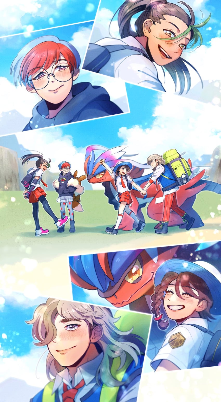 juliana, nemona, penny, arven, and koraidon (pokemon and 1 more) drawn by happyriekun