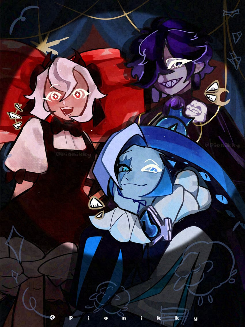 shadow milk cookie, candy apple cookie, and black sapphire cookie (cookie run and 1 more) drawn by pionikky