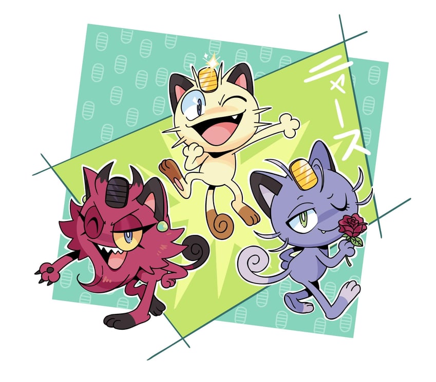 jessie, james, meowth, alolan meowth, and galarian meowth (pokemon) drawn by kiana_mai