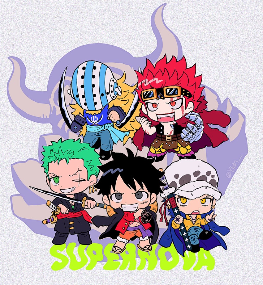 monkey d. luffy, roronoa zoro, trafalgar law, eustass kid, and killer (one piece) drawn by yakumo_(ykm)