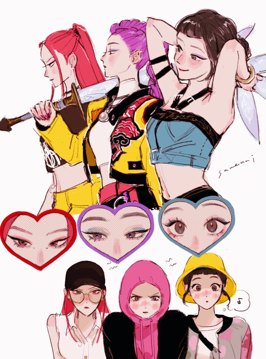 rumi, zoey, and mira (kpop demon hunters) drawn by samenai_ymkr