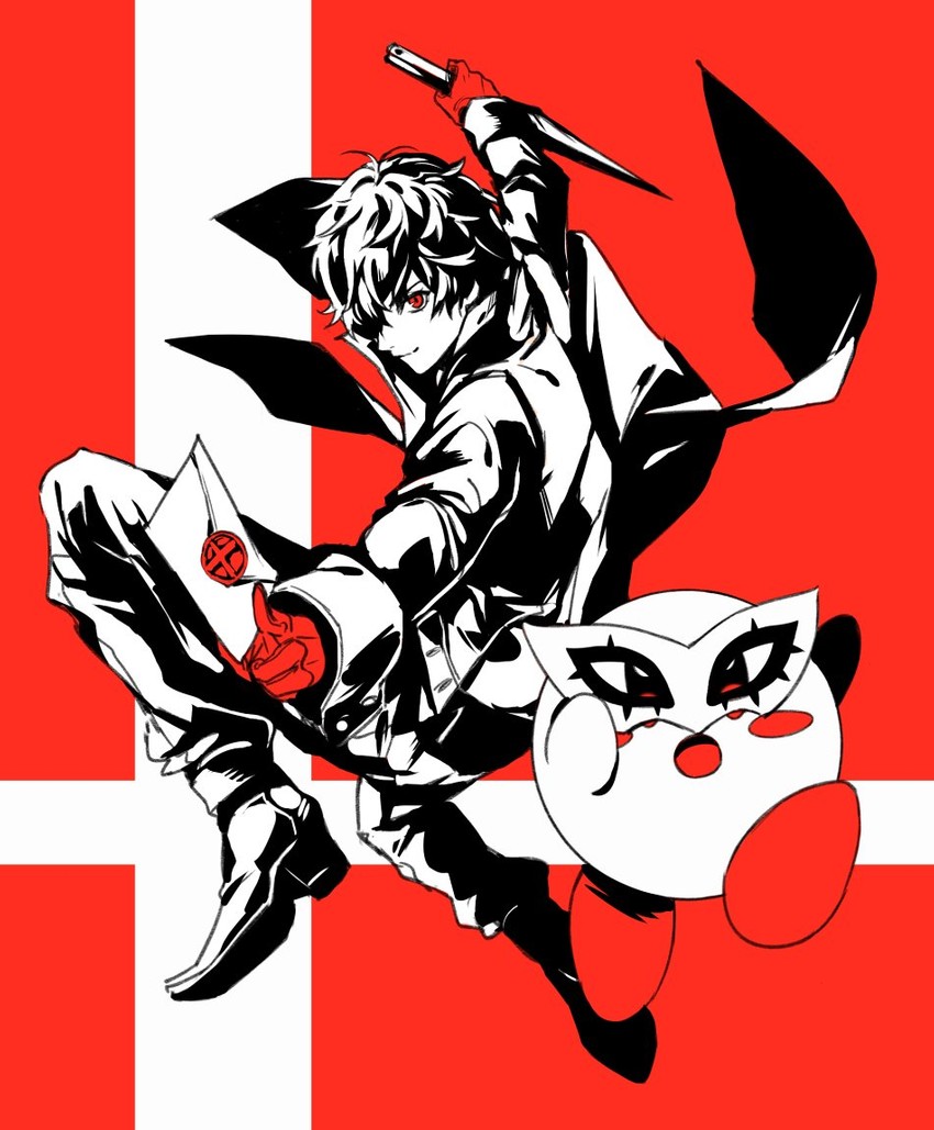 kirby, amamiya ren, and joker (persona and 3 more) drawn by kamu_(kamuuei)