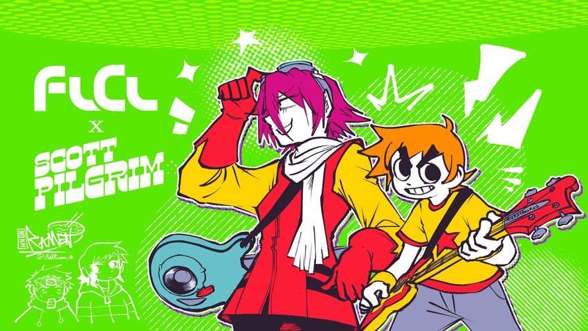 haruhara haruko, scott pilgrim, and nandaba naota (flcl and 1 more) drawn by ramen_(coldraman_18)