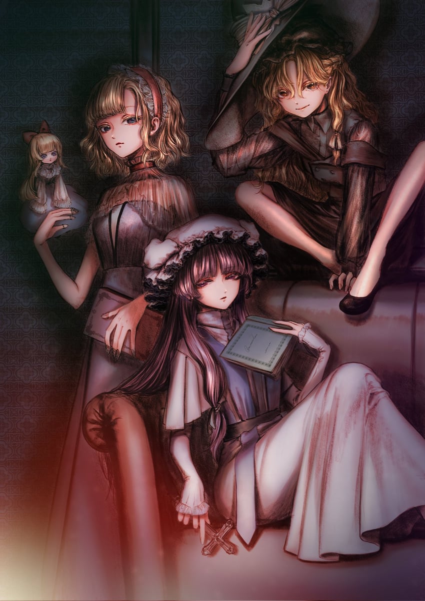 kirisame marisa, alice margatroid, patchouli knowledge, and shanghai doll (touhou) drawn by muha_kakka