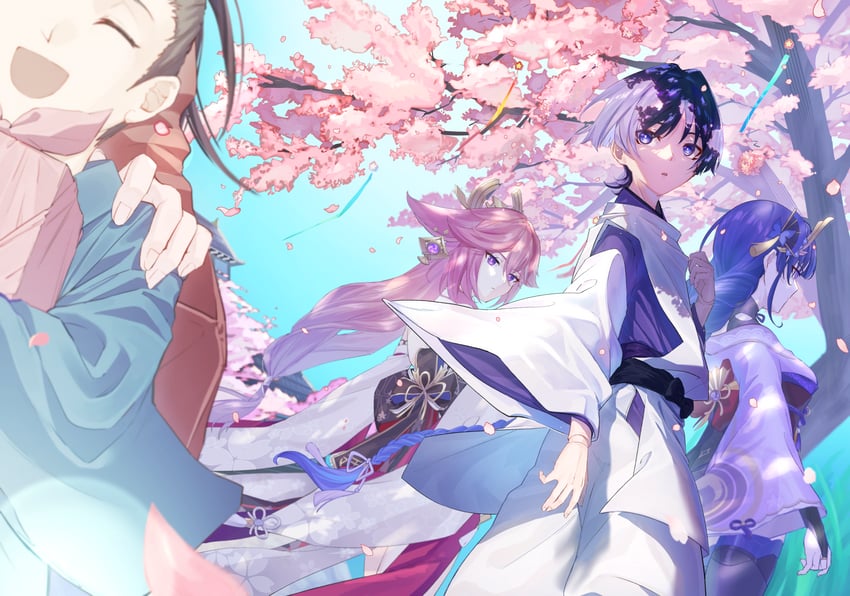 raiden shogun, scaramouche, and yae miko (genshin impact) drawn by harukiryo