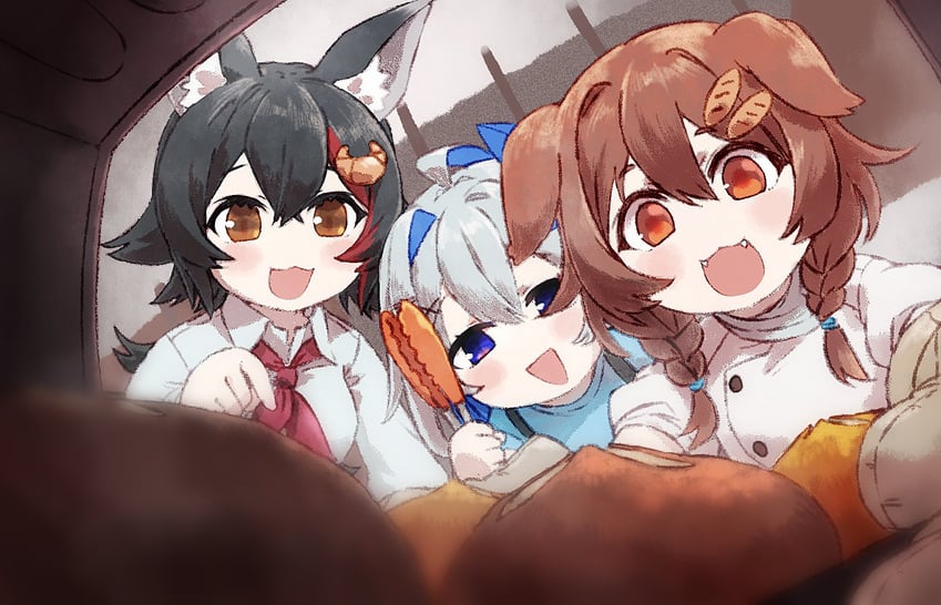 ookami mio, amane kanata, and inugami korone (hololive and 1 more) drawn by hashiguma