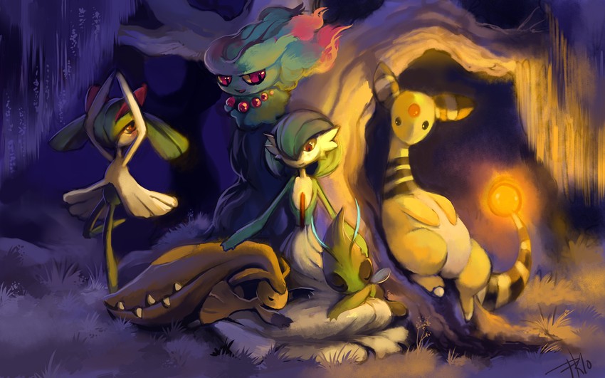 gardevoir, kirlia, mawile, celebi, ampharos, and 1 more (pokemon) drawn by glitchedpuppet