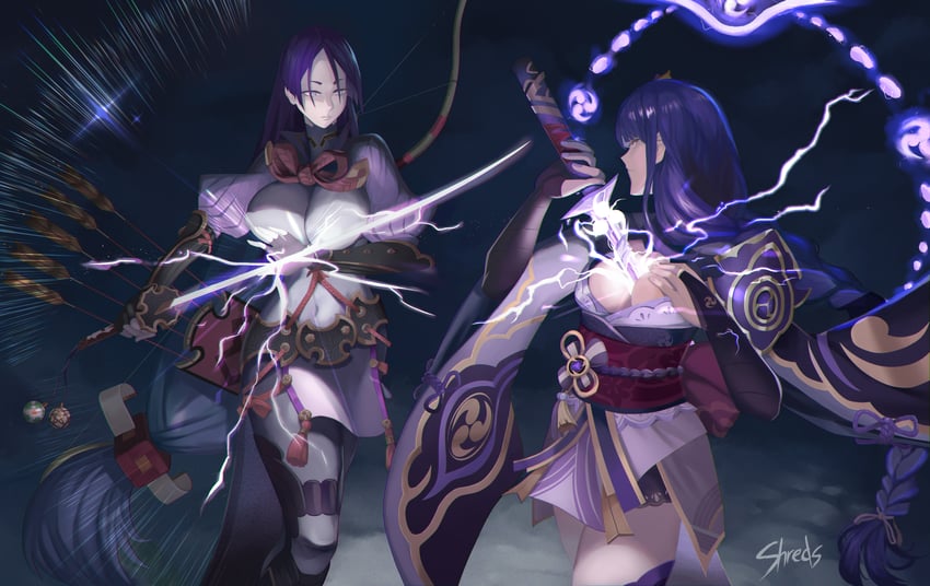 raiden shogun and minamoto no raikou (fate and 2 more) drawn by shreds_(shreds_tweets)