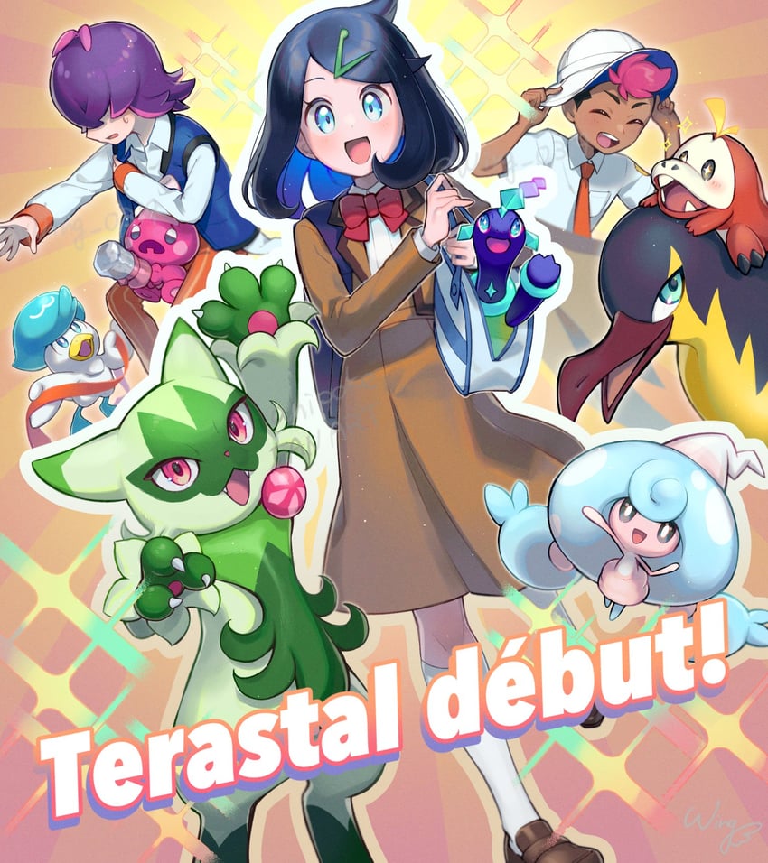 liko, fuecoco, quaxly, dot, roy, and 3 more (pokemon and 1 more) drawn by wing_(wing_0319)