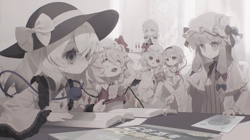 remilia scarlet, flandre scarlet, izayoi sakuya, komeiji koishi, patchouli knowledge, and 1 more (touhou) drawn by rcs_4