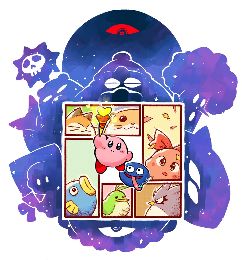 kirby, king dedede, gooey, dark matter, whispy woods, and 11 more (kirby and 1 more) drawn by rariatto_(ganguri)