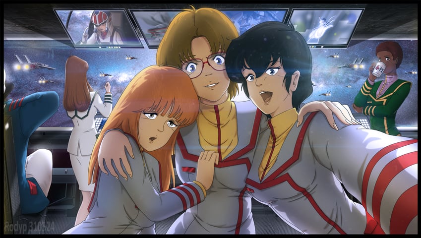 vf-1, lynn minmay, sdf-1, ichijou hikaru, hayase misa, and 5 more (macross and 2 more) drawn by rodypaxten