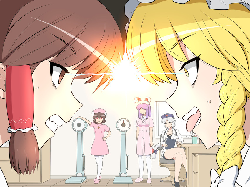 hakurei reimu, kirisame marisa, reisen udongein inaba, inaba tewi, and yagokoro eirin (touhou) drawn by shirosato