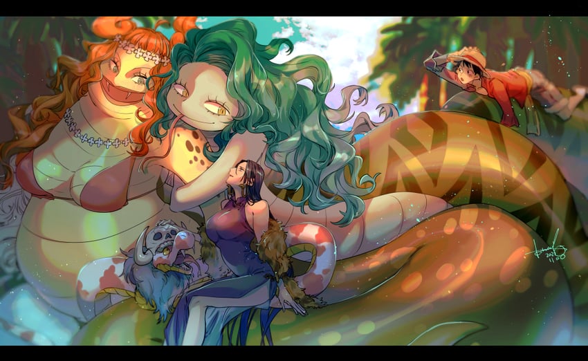 monkey d. luffy, boa hancock, salome, boa sandersonia, and boa marigold (one piece) drawn by aktrks01