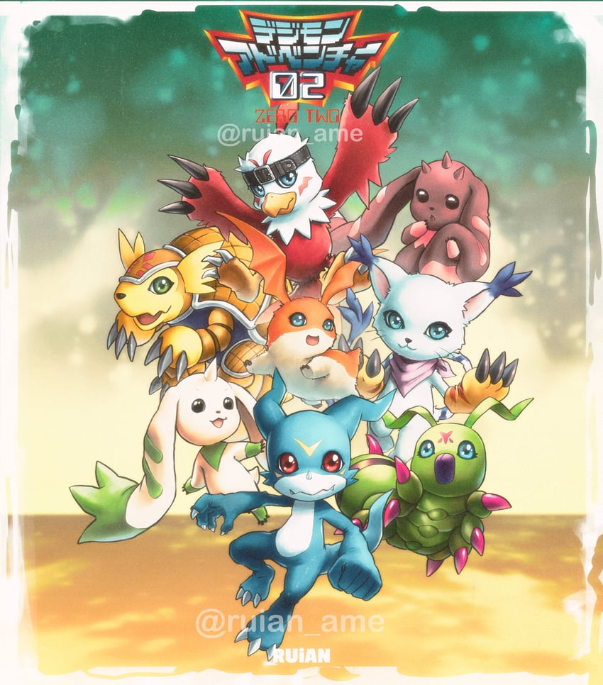 tailmon, patamon, terriermon, v-mon, lopmon, and 3 more (digimon and 2 more) drawn by ruian_ame