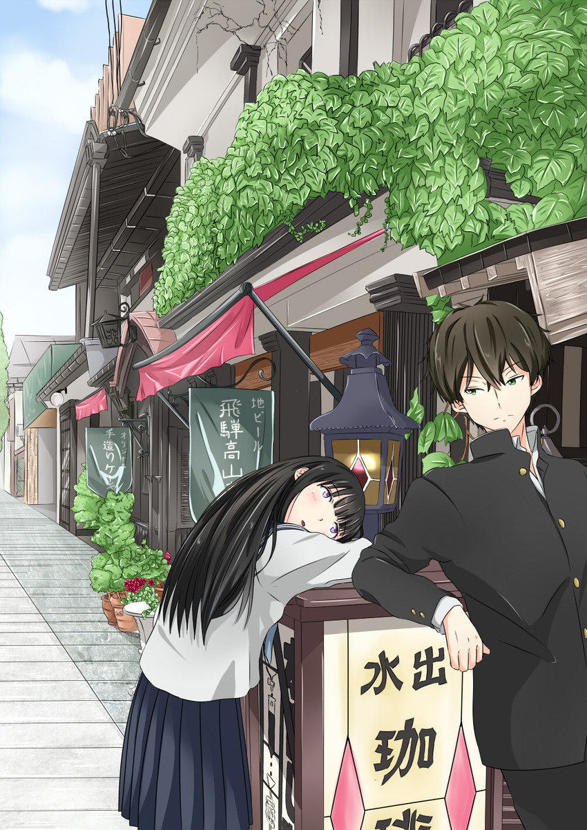 chitanda eru and oreki houtarou (hyouka) drawn by miro_(katsushikashibamata)