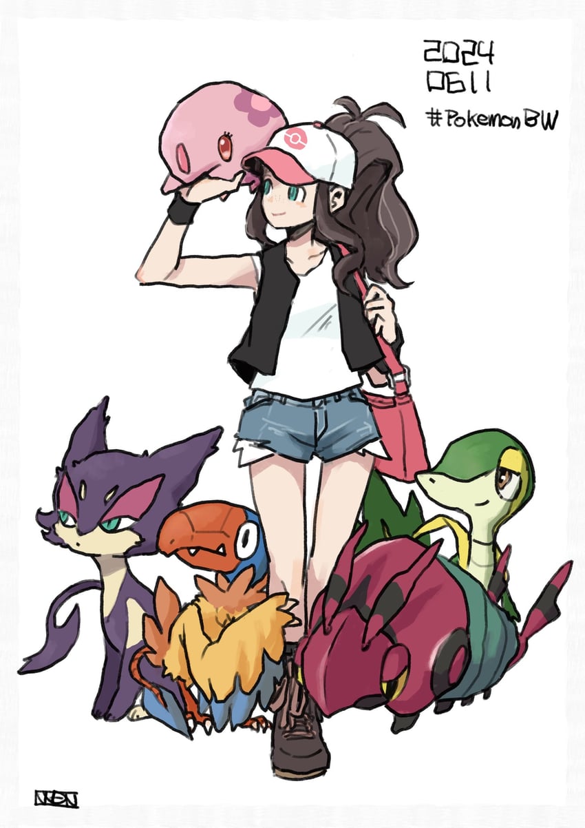 hilda, snivy, munna, purrloin, venipede, and 1 more (pokemon and 1 more) drawn by nanndana