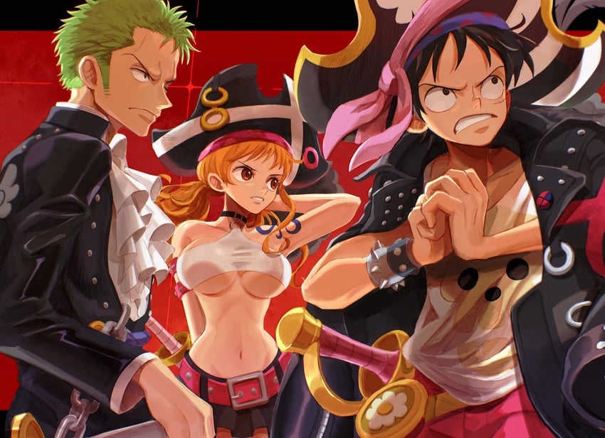 nami, monkey d. luffy, and roronoa zoro (one piece and 1 more) drawn by oekakiboya
