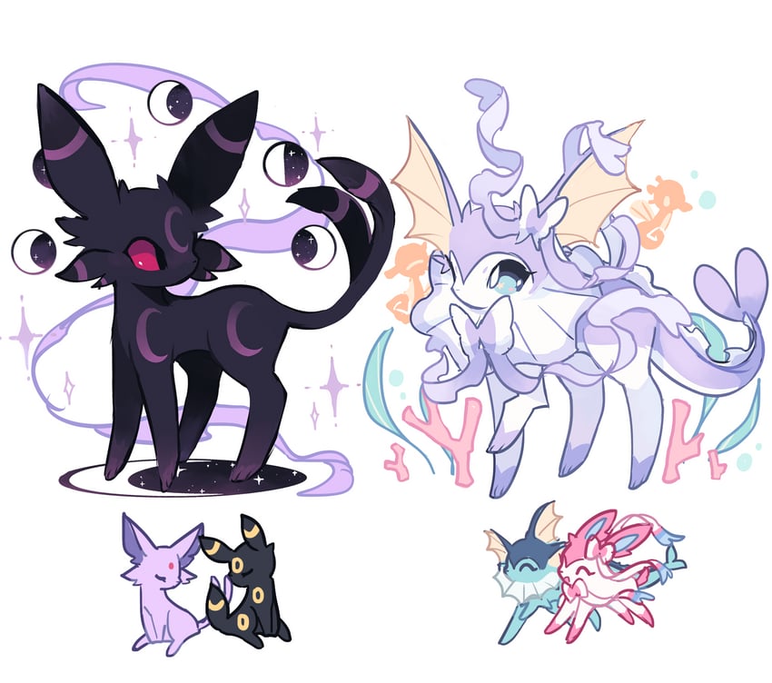 sylveon, umbreon, vaporeon, espeon, and horsea (original and 1 more) drawn by charamells
