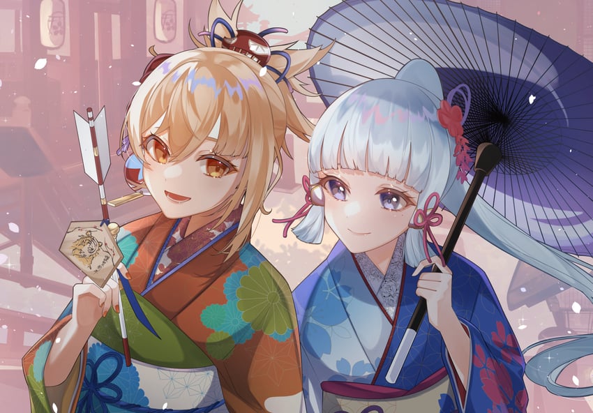 kamisato ayaka and yoimiya (genshin impact) drawn by natsuki_yoru