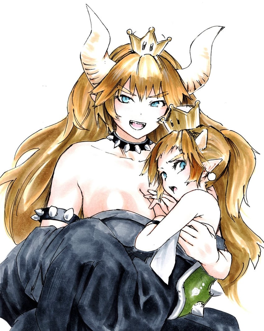 bowsette and bowsette jr. (mario and 1 more) drawn by akuroporisu