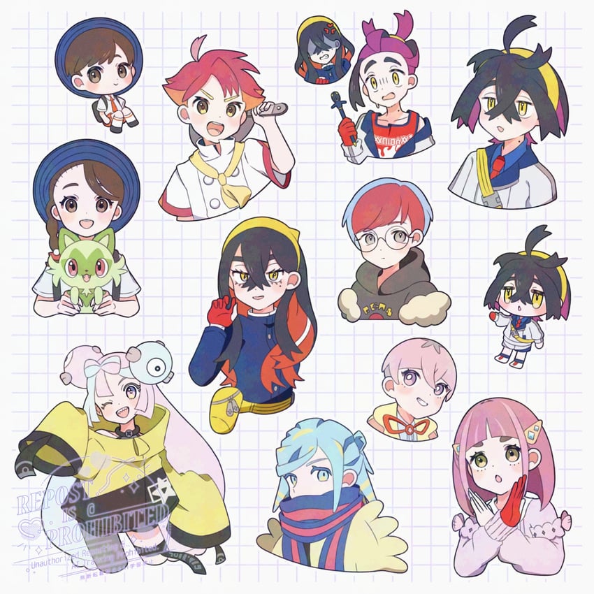 kieran, iono, juliana, carmine, florian, and 6 more (pokemon and 1 more) drawn by kuu02h