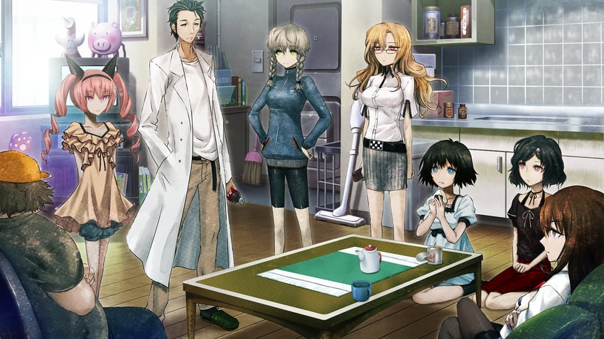 makise kurisu, okabe rintarou, shiina mayuri, amane suzuha, urushibara ruka, and 3 more (steins;gate and 1 more) drawn by huke
