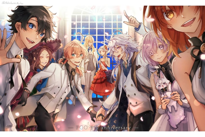 mash kyrielight, fujimaru ritsuka, fou, leonardo da vinci, merlin, and 3 more (fate and 1 more) drawn by nekohanemocha