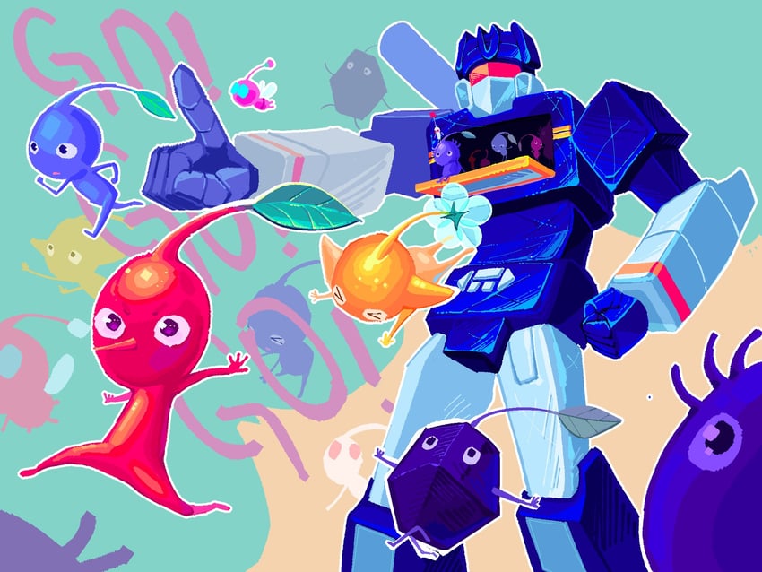 red pikmin, yellow pikmin, blue pikmin, purple pikmin, white pikmin, and 3 more (transformers and 2 more) drawn by yu_transformers