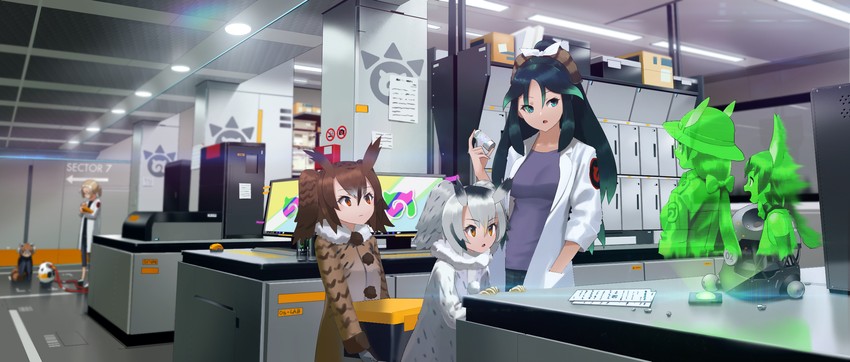 serval, northern white-faced owl, eurasian eagle owl, mirai, kako, and 1 more (kemono friends) drawn by autism_wanderer