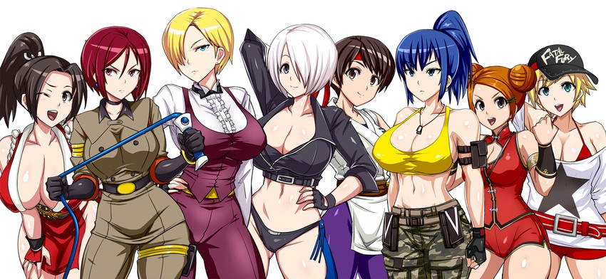 shiranui mai, angel, leona heidern, yuri sakazaki, king, and 3 more (the king of fighters and 4 more) drawn by okyou