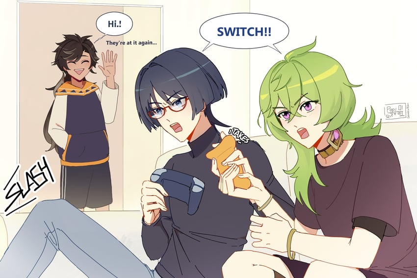 scaramouche, collei, and sethos (genshin impact) drawn by genshinribu