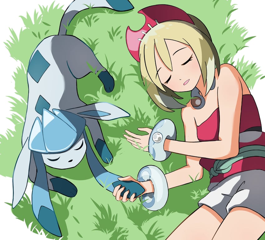 glaceon and irida (pokemon and 1 more) drawn by mikan_(mikan_no_happa)