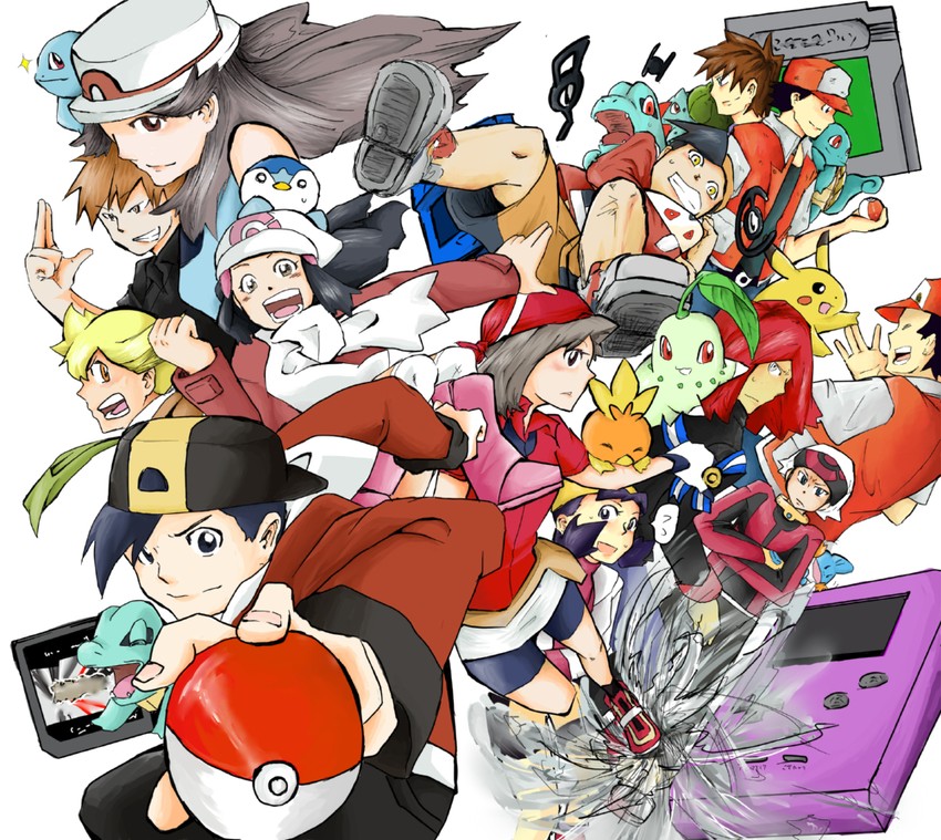 pikachu, dawn, may, red, ethan, and 13 more (pokemon and 7 more) drawn by hintneko