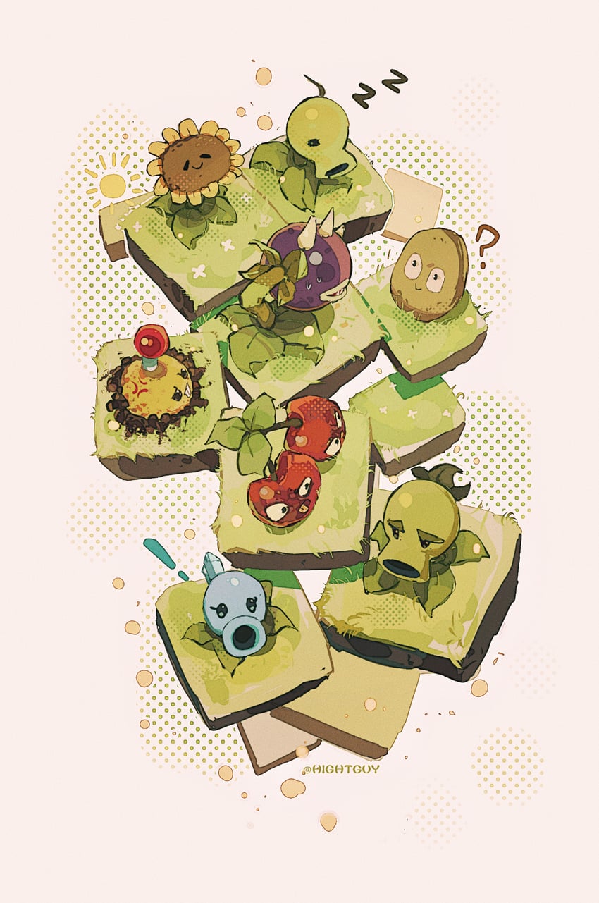 sunflower, peashooter, potato mine, snow pea, wall-nut, and 3 more (plants vs. zombies) drawn by hightguy
