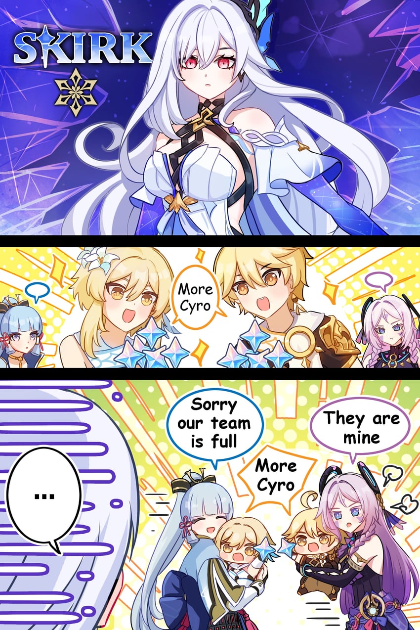 lumine, aether, kamisato ayaka, citlali, and skirk (genshin impact) drawn by pun-rii