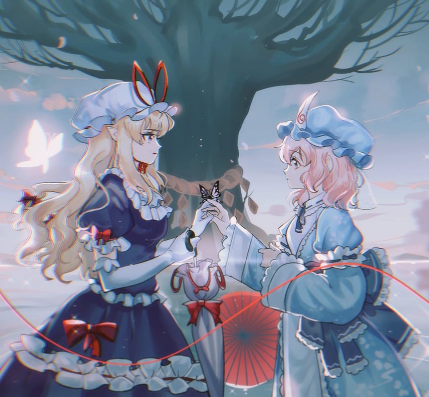 yakumo yukari, saigyouji yuyuko, and saigyou ayakashi (touhou) drawn by panghulao