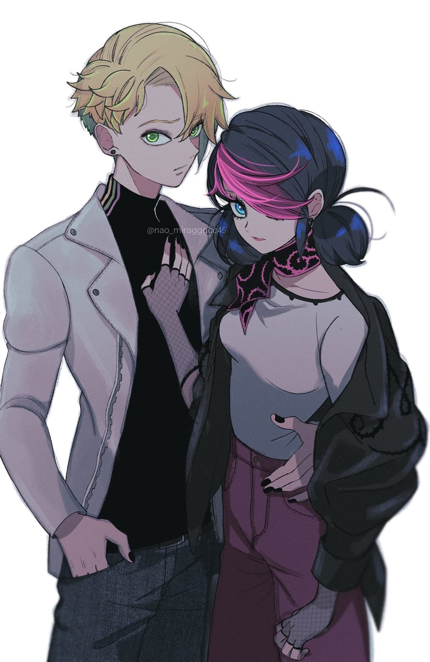 marinette dupain-cheng and adrien agreste (miraculous ladybug) drawn by seio_(nao_miragggcc45)