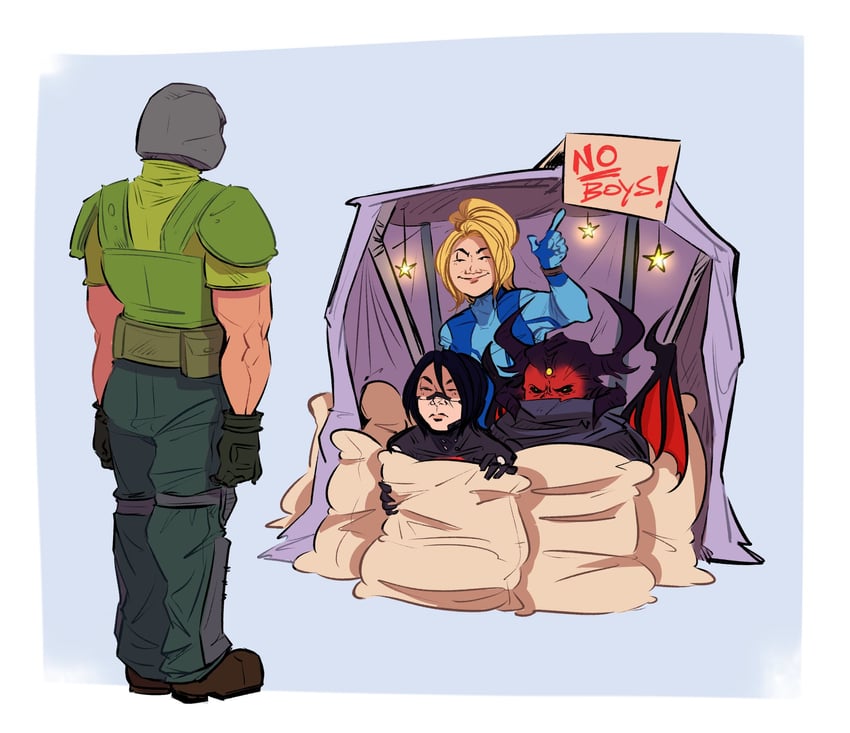 samus aran, elster, doomguy, and the unknown (metroid and 3 more) drawn by narklos